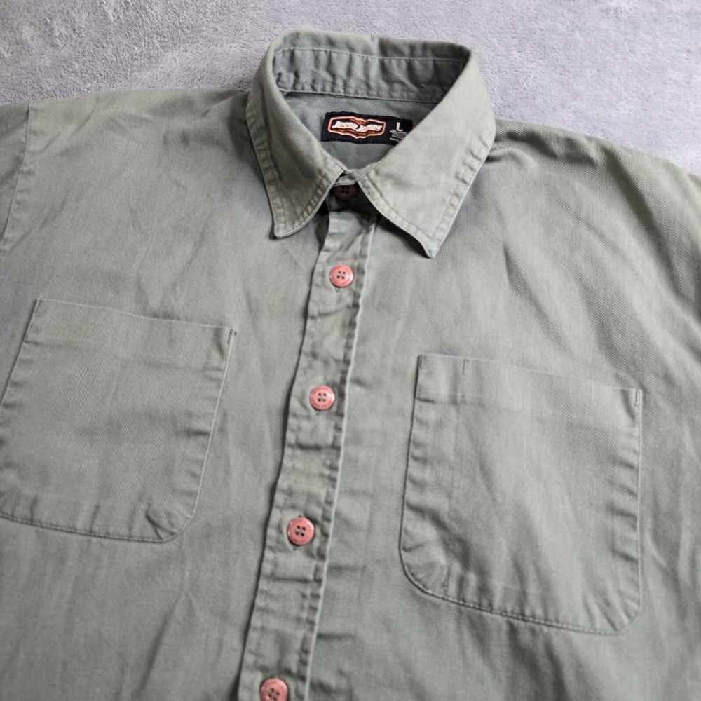 Jesse James S/S Shirt Mens L Green Twill Heavyweight Work Mechanic Outdoor